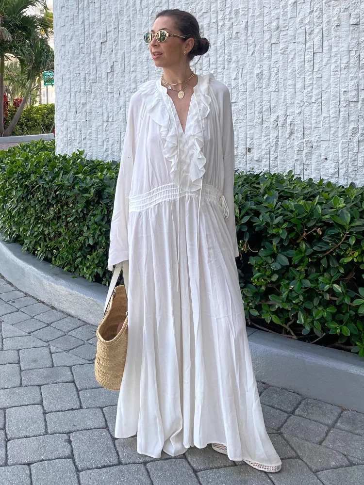 Elegant white loose Guaze long dress womens casual V-neck Flare full sleeve long dress womens street office dress 250415