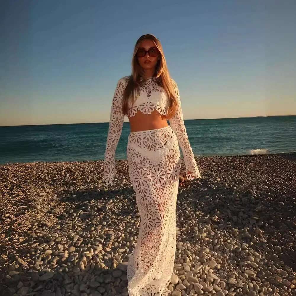 Hollow Out See Through Tank Top Skirts Suits Women Long Sleeve Wave Cut Lace Tops Hip Package Skirt Suit Female 2024 Lady Set