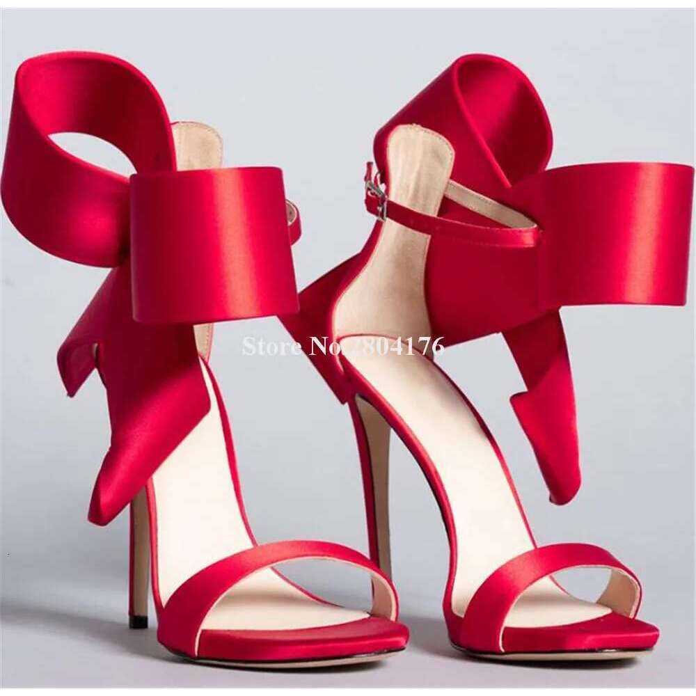 Charming Bowtoe Decorated Thin Sandals Pink Red Blue Satin Stiletto Heel Wedding Shoes Big Size Heels