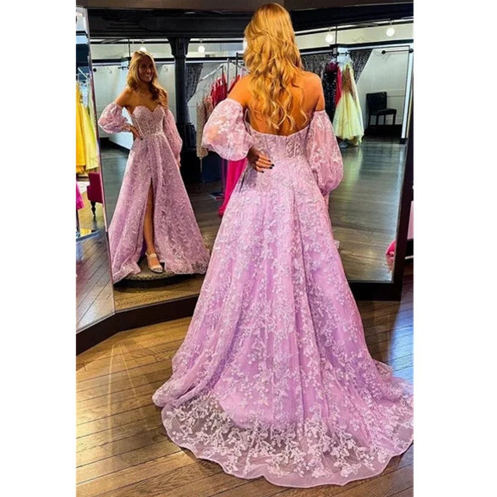 Sparkle Princess Lavender Prom Gowns Bustier Puff Sleeves Lace Long Evening Dresses 2025 Elegant Party Dress Custom Made 01
