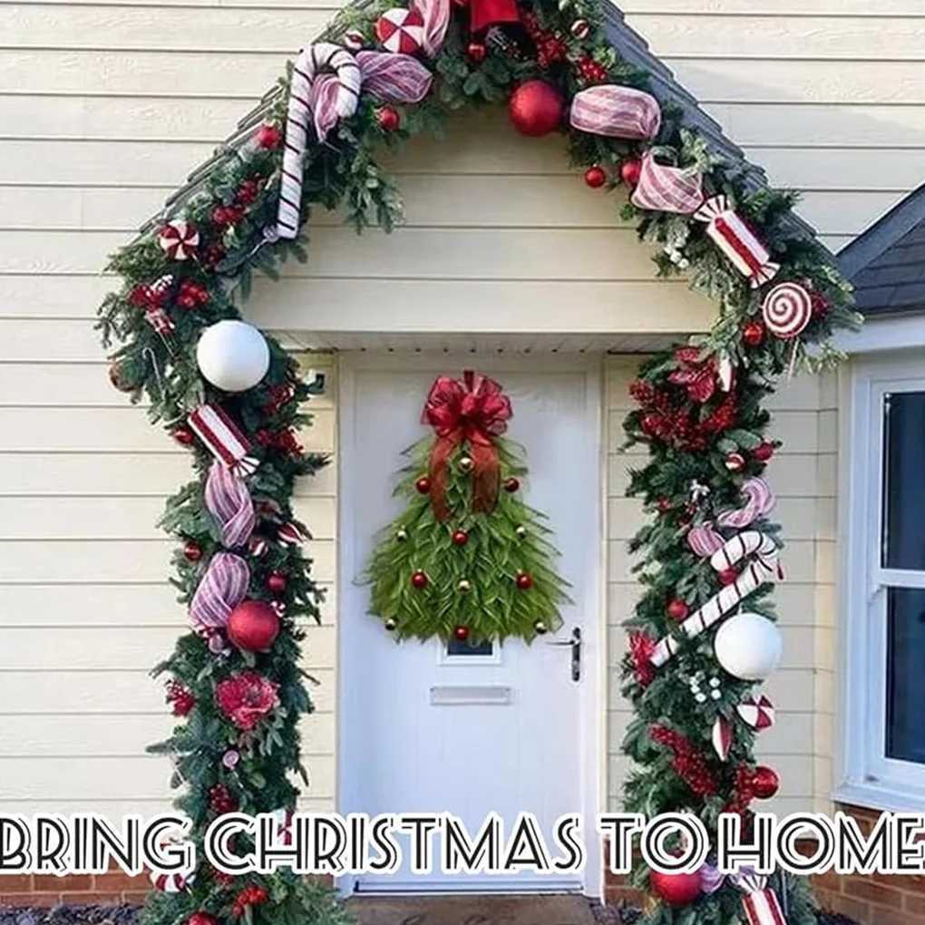 Christmas Tree Wreath for Front Door Hanging Ornament for Garden Room Christmas Tree Wreath With Red Bow Christmas DecorM251115