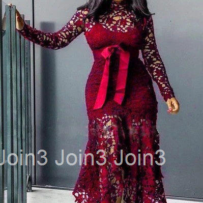 2025 New Womens Lace Hollowed Out Long Sleeved Stand Up Collar Lace Up 5-color Irregular Dress