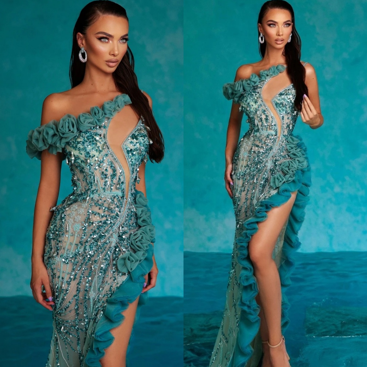 Exquisite Evening Dresses Sequins Beading Prom Gowns One Shoulder High Split Ruffle Customized Formal Occasion Plus Size Sweep Train Party Dress Vesti