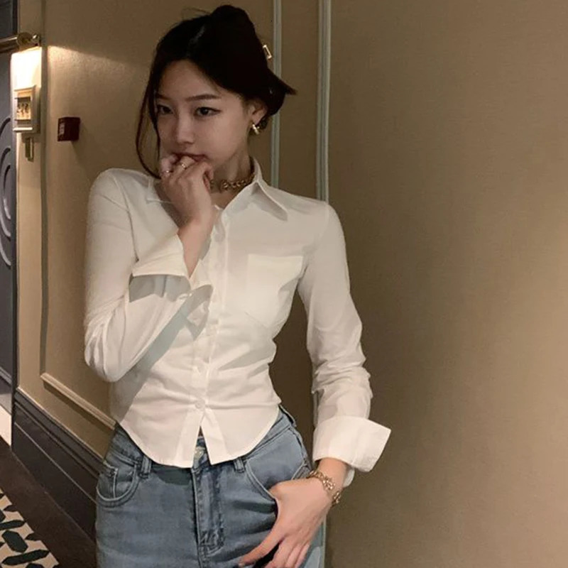 Gidyq Elegant Women Korean Shirts Fashion Streetwear Female Slim Blouse Spring Y2K Casual Office Ladies Sexy Cropped Tops 250415