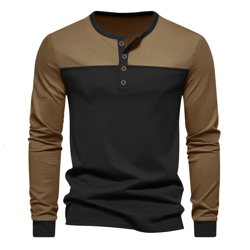 2025 autumn new long sleeved with color blocked Henry collar base men's t-shirt