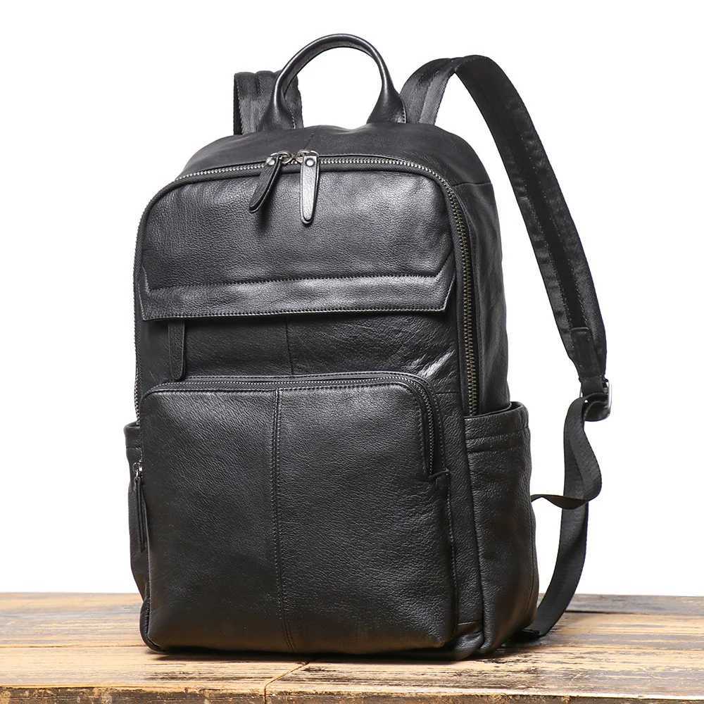 Mens Genuine Leather Double-Shoulder Backpack Top-Grain Leather Travel Bag Large-Capacity Laptop BagW251114