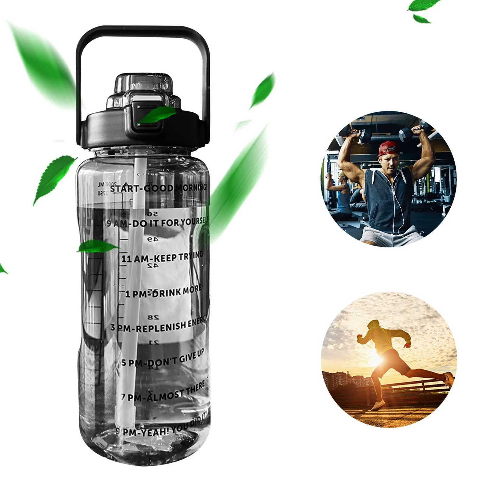 2L Sport Water Bottle With Straw Portable Leak-Large Capacity Water Cup With Motivational Quote Time MarkerW251114