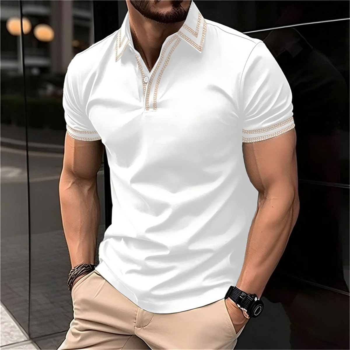 Mens POLO summer daily casual tactical training patchwork lapel line solid color short sleeved t-shirt