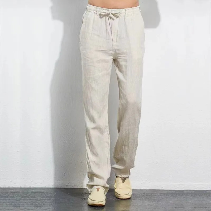 Retro mens pleated cotton linen casual pants drawstring side zipper elastic waist comfortable and breathable beach straight 250407