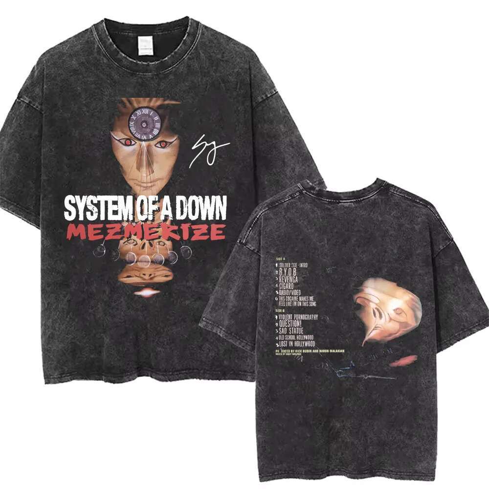 Washed Vintage System o Down Tshirt Men Women Cotton Quality Short Sleeve Tees Male Rock Music Band Cartoon Graphic T Shirts