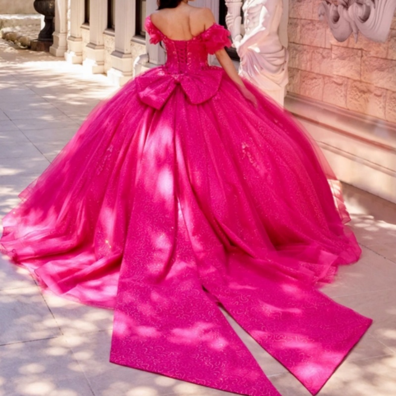 Rose Red Shiny Princess Quinceanera Dresses Off Shoulder Sequin Applique Bow Beading Tull Sweet 16 Dress Ball Gown Vestidos 15