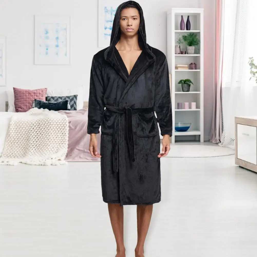 Flannel Robe with Waist Tie Mens Hooded Flannel Bathrobe with Pockets Long Sleeve Loungewear Robe for Quick-drying Comfort C251115