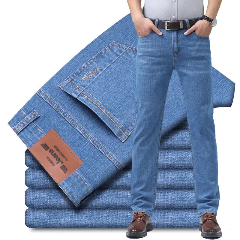 Summer thin mens elastic cotton jeans fashion sky blue comfortable business straight casual pants wear Trouser 250407