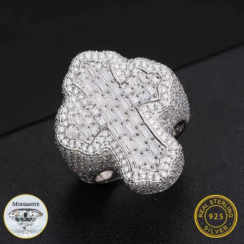 Iced Out Baguette VVS1 Moissanite Diamond Cross Rings S925 Silver for Men Hip Hop Jewelry