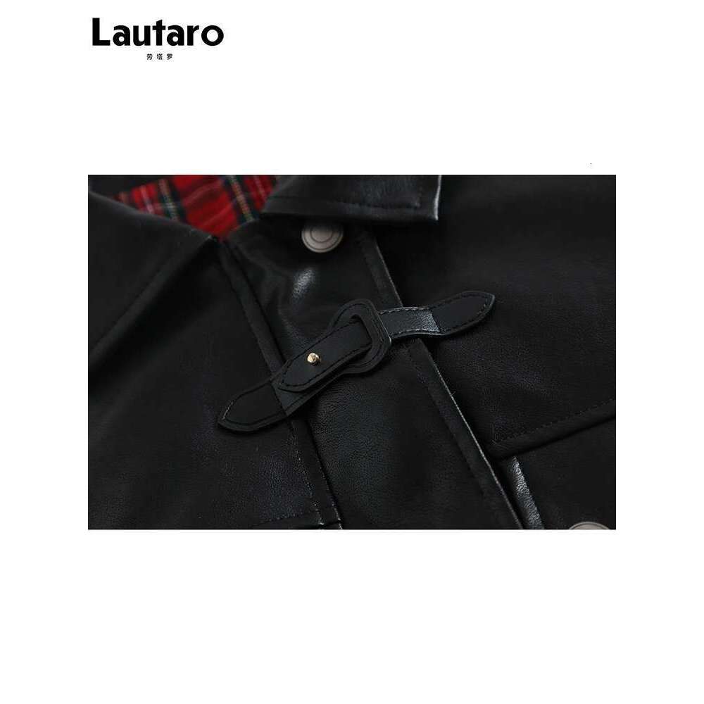 Designer Clothes Lautaro-Plaid Patchwork Pu Leather Jacket For Women, Oversized, Soft, Reversible, Long Sleeve, Designer Clothing, Spring