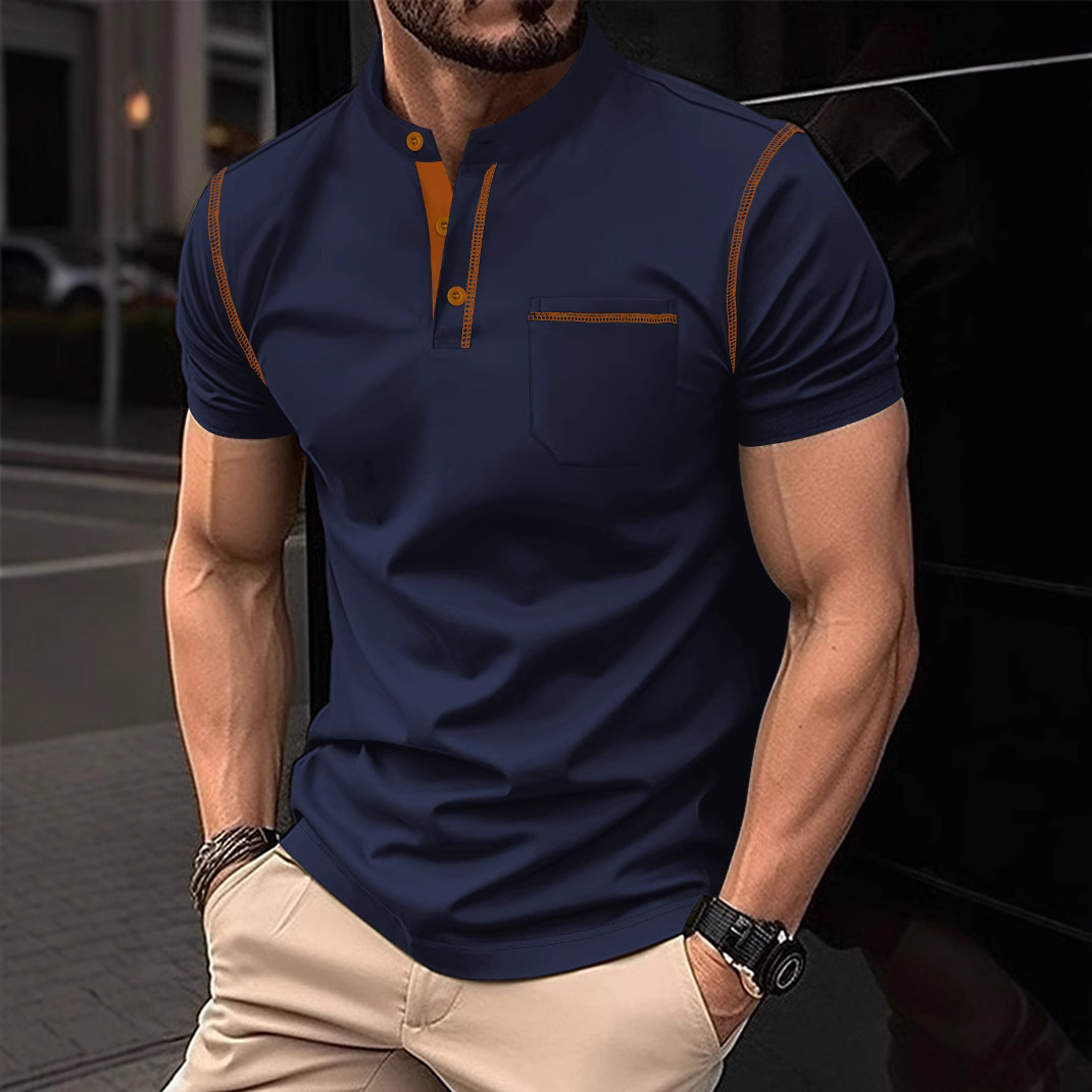 Ins summer mens polo shirt with stand up collar pocket mens sports polo shirt