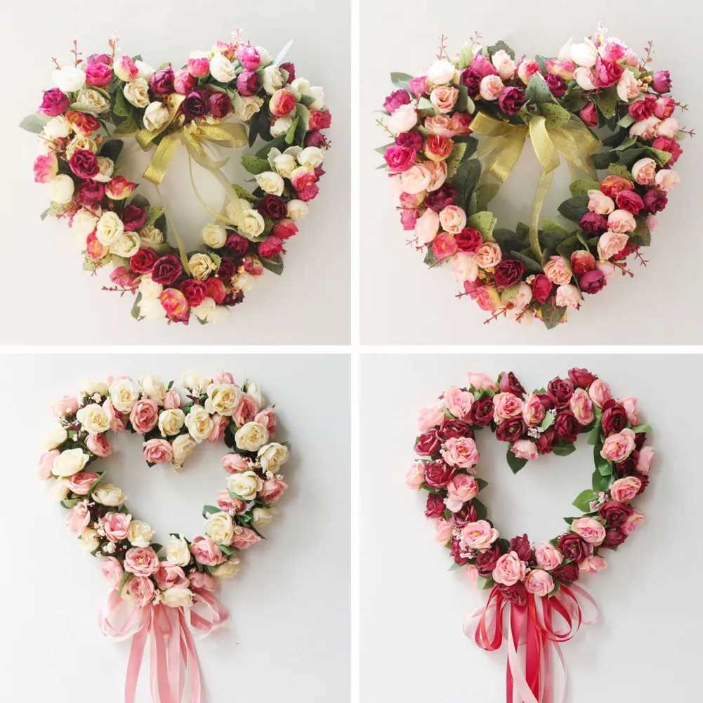 Valentines Wreath For Front Door Heart Shape Artificial Rose Flower Garland Silk Fake Peony Wedding Wall Hanging DecorationM251115