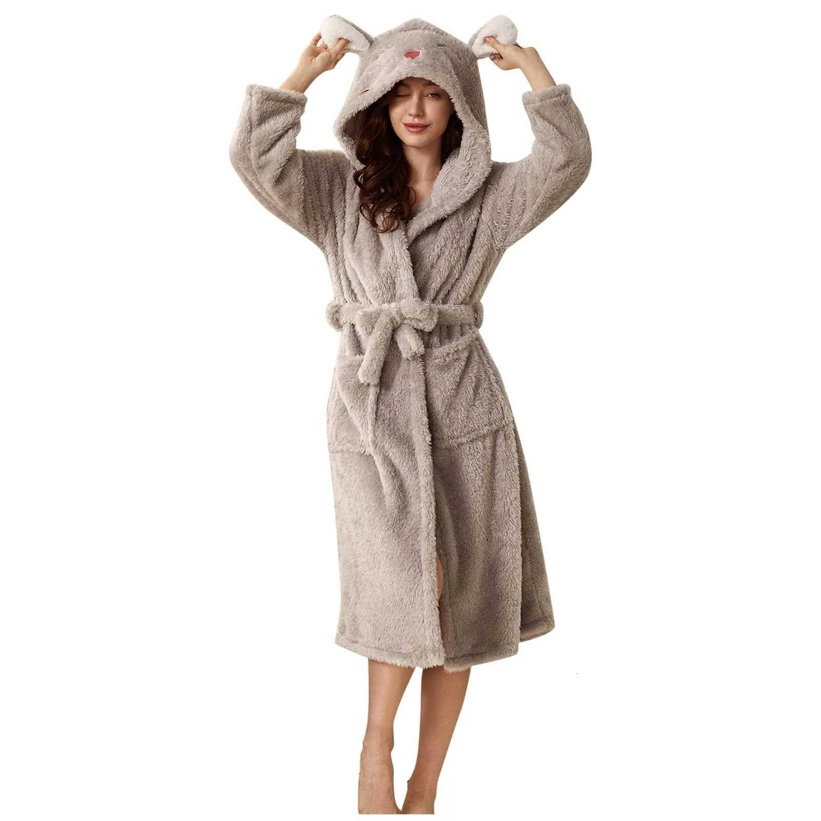 Women Winter Plush Night Robe Minimst Solid Color With Rabbit Shaped Hooded Bring You Cozy Comfortable Thermal Experience C251115