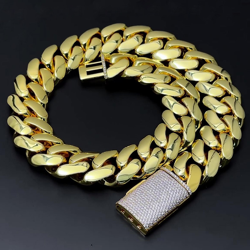 Hip Hop 25mm Shiny Miami Cuban Chain Necklace Bracelet Copper Real Gold Plated Jewelry