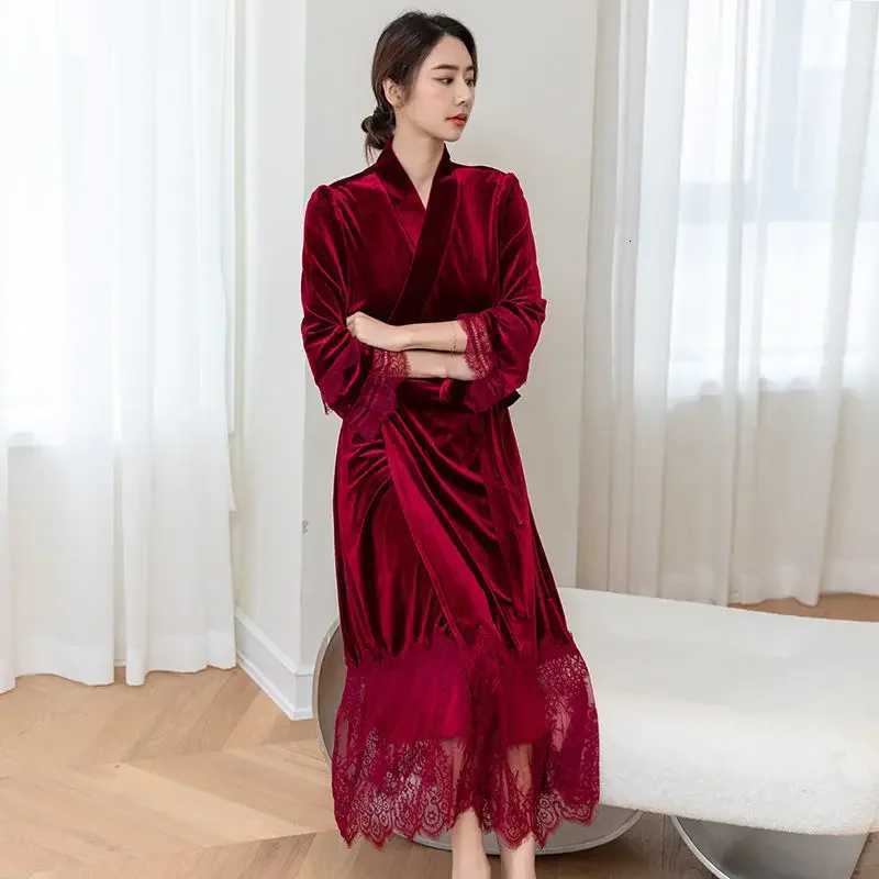 Sexy Lace Bride Wedding Robe Nightdress Set Burgundy Velvet Long Kimono Bathrobe Gown Autumn Winter Velour Homewear Lingerie C251115