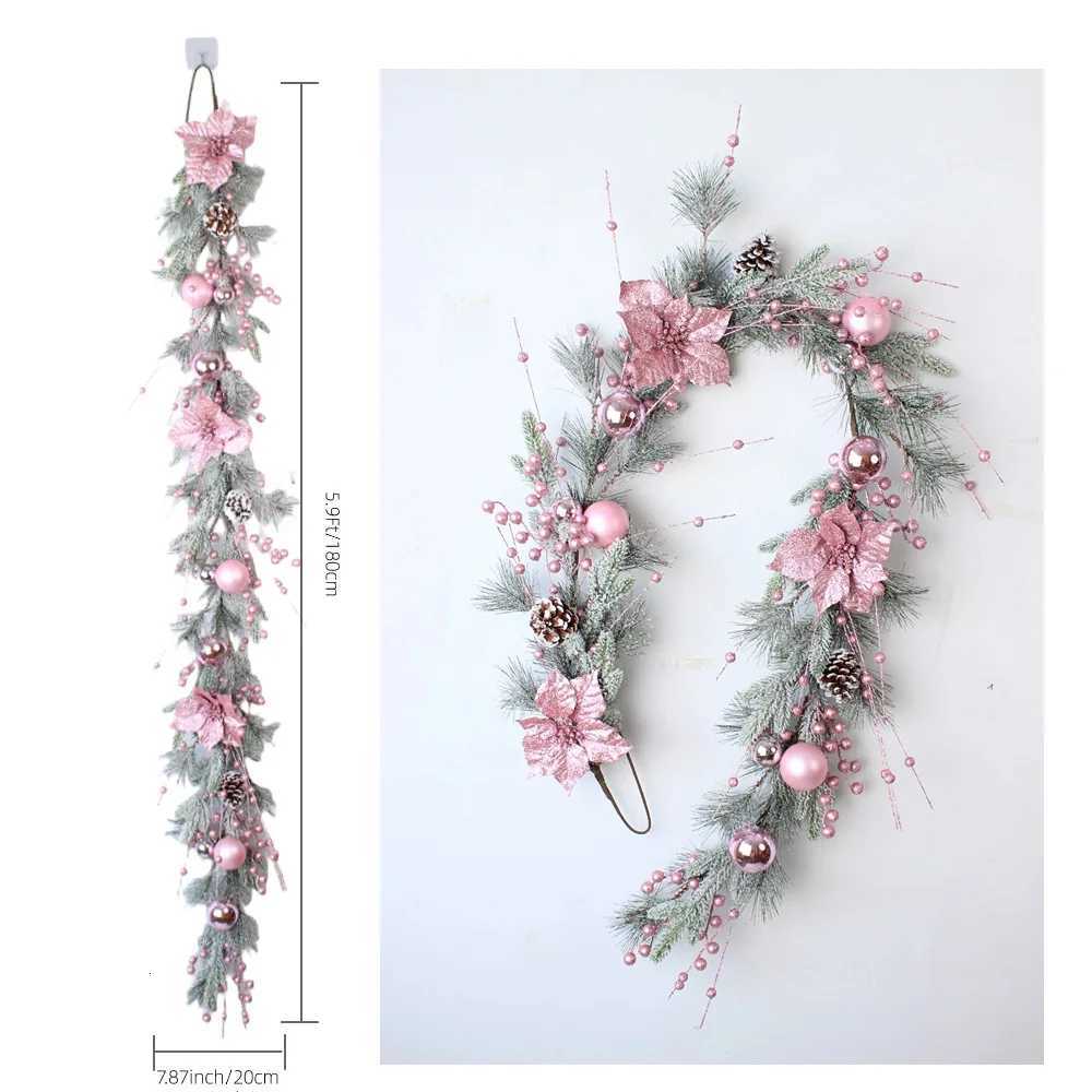 Hot Pink Christmas Wreath Decor with Balls Artificial Plant Rattan Garland Christmas Rattan Hanging Ornament for Home DecorM251115