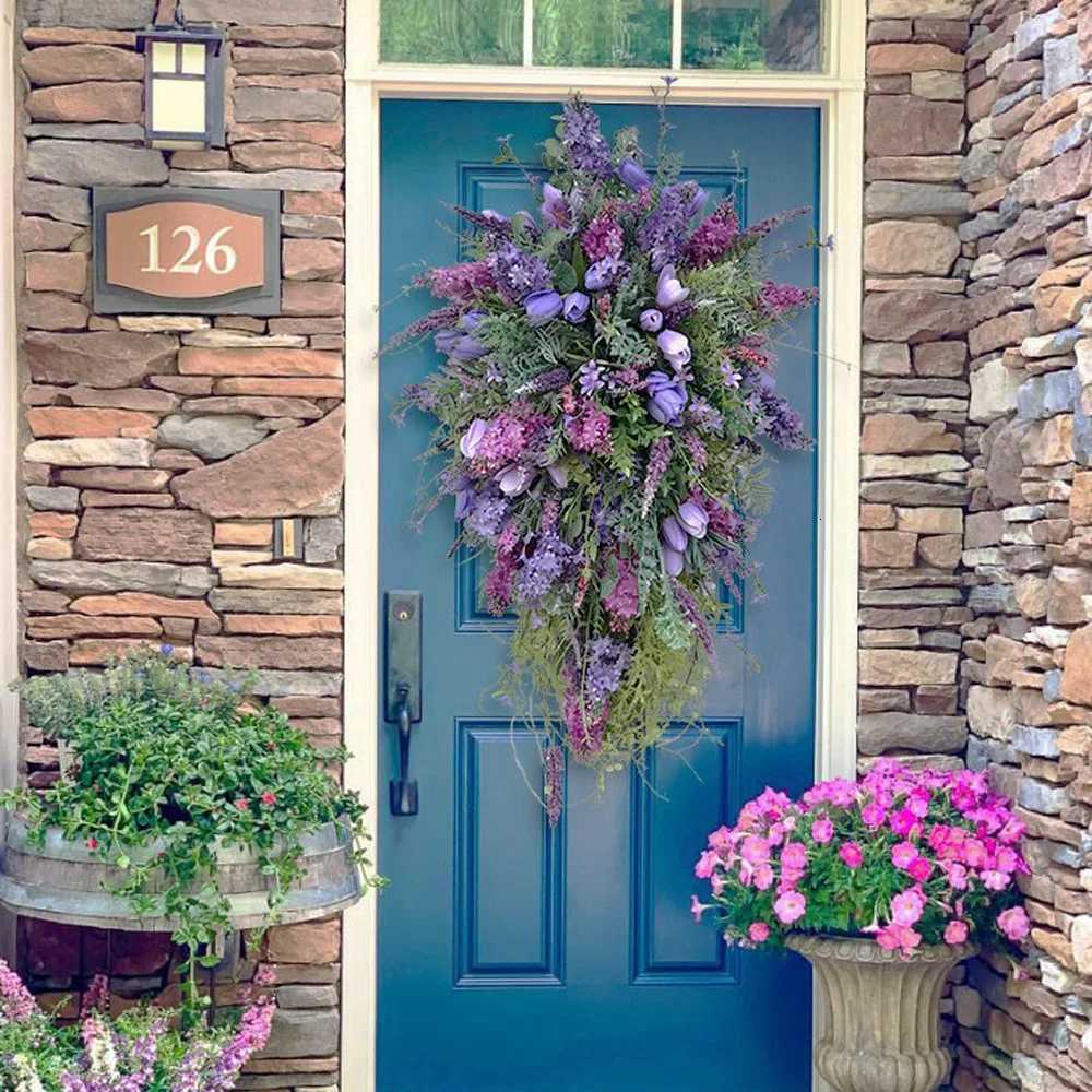 Spring Purple Tulip Wreath Summer Artificial Flower Lavender Garland Home Decoration for Wedding Entrance Garden Front DoorM251115
