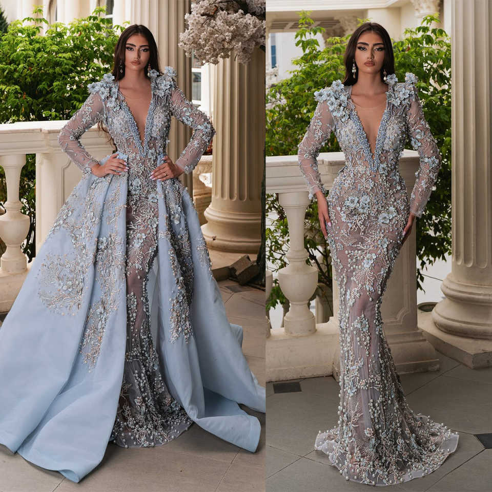 Mermaid Prom Gown V-Neck Evening Dress Crystal Flower Party Dresses Detachable Tail Bridal Gowns Robes De Mariee Size Customized L241637