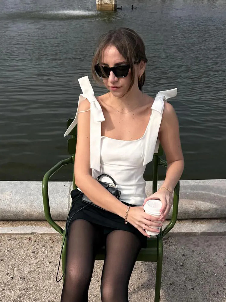 TRAFZA Summer Womens Street Solid Zipper Ultra Thin Top Womens Elegant and Sexy Sleeveless Bow Square Collar Strap Top 250415