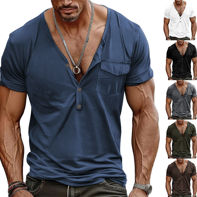 Trendy summer haute couture solid color large casual short sleeved Henry shirt T-shirt men's t-shirt