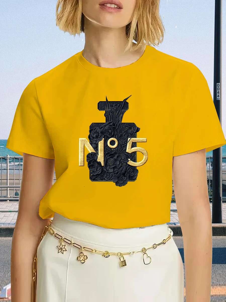 Brand Fashion Black Perfume Surrey Printed Crew Neck Clothing Short Sleeve T-Shirt Trend Women's Summer Y2K Top