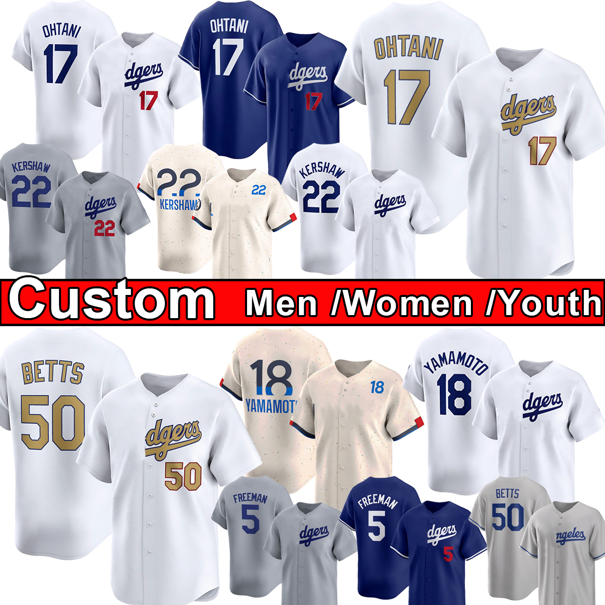 Shohei Ohtani, Mookie Betts, Freddie Freeman Dodgers Connect Baseball Jerseys Yoshinobu Yamamoto, Enrique Hernandez, Robinson, May, Men Kids Youth Jersey