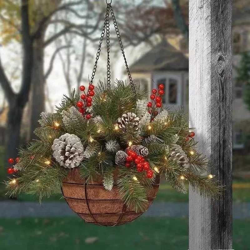 Hanging Flower Basket Realistic Christmas Decoration Wreath Pine Cone Wreath Fire-Resistant Christmas Basket Wreath For IndoorM251115