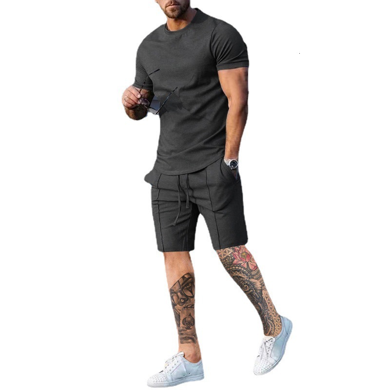 2025 Men's Wear Summer Sports and Leisure Solid Color Round Neck T-shirt Short Sleeve Set for Men