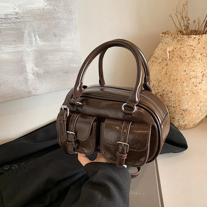 Minimum wax leather pillow bag vintage Boston bag handheld shoulder bag 250410