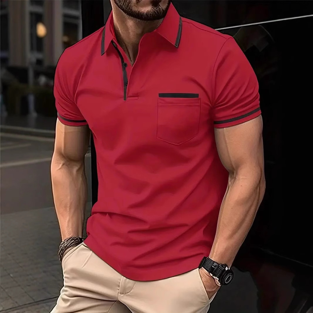2025 Summer Casual Button Color blocked Pocket Mens Polo Shirt Sportswear