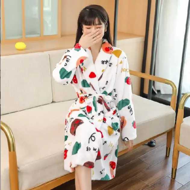 Women Winter Warm Flannel Kimono Robe Sleepwear Female Print Floral Nightdress Dressing Gown Lounge Wear Hotel Bathrobe C251115