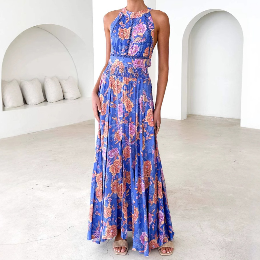 G421Chic Halter Neck Boho Floral Dress High-Rise, Backless Summer Beachwear