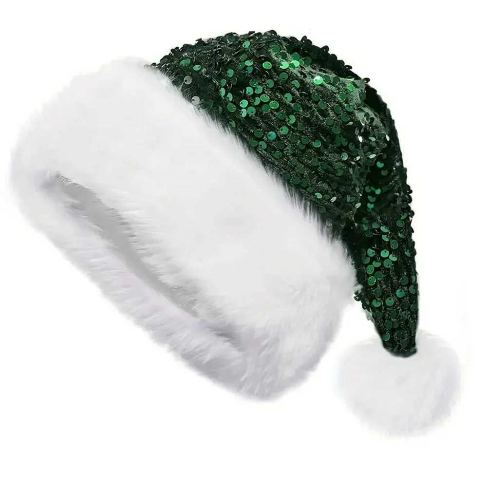 Sequin Christmas Hat Plush Solid Color Sparkle Santa Claus Hat with Long Fluffy Pompom For Adult Kids Christmas Party Decoration Y251115
