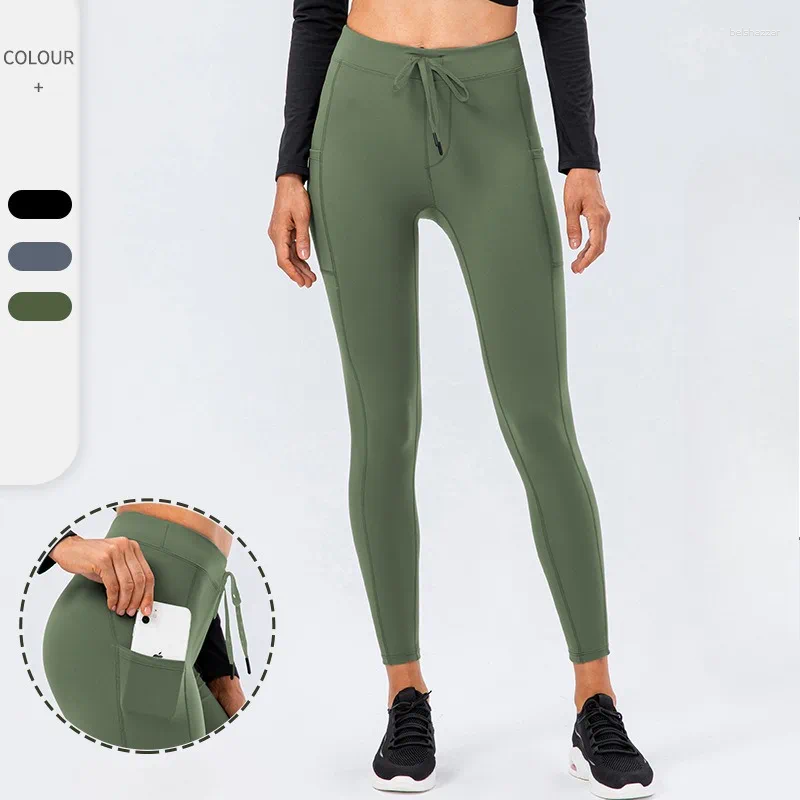 Women's Leggings Yuerlian Sports Gym Pants Yoga Women Solid Color Draw Rope Hip Pocket Breathable Tight Running Fitness