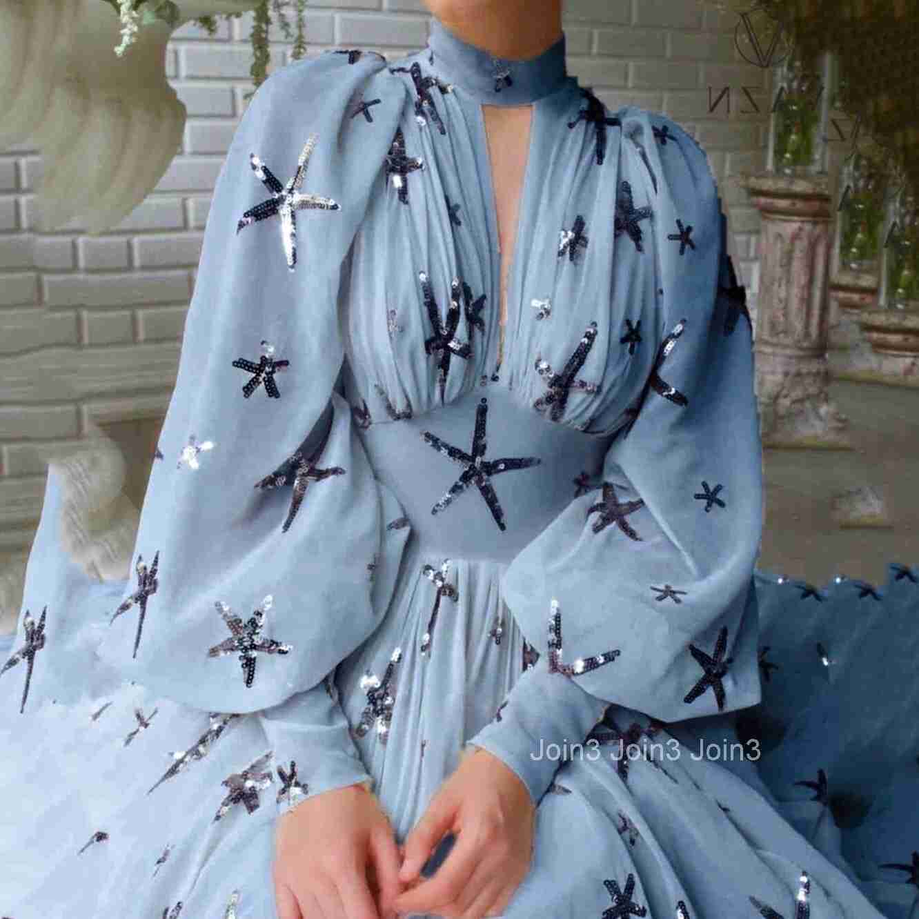 Yx2025 New Multi-color Half High Collar Sequin Slit Lantern Sleeve Big Swing Dress Chiffon Dress