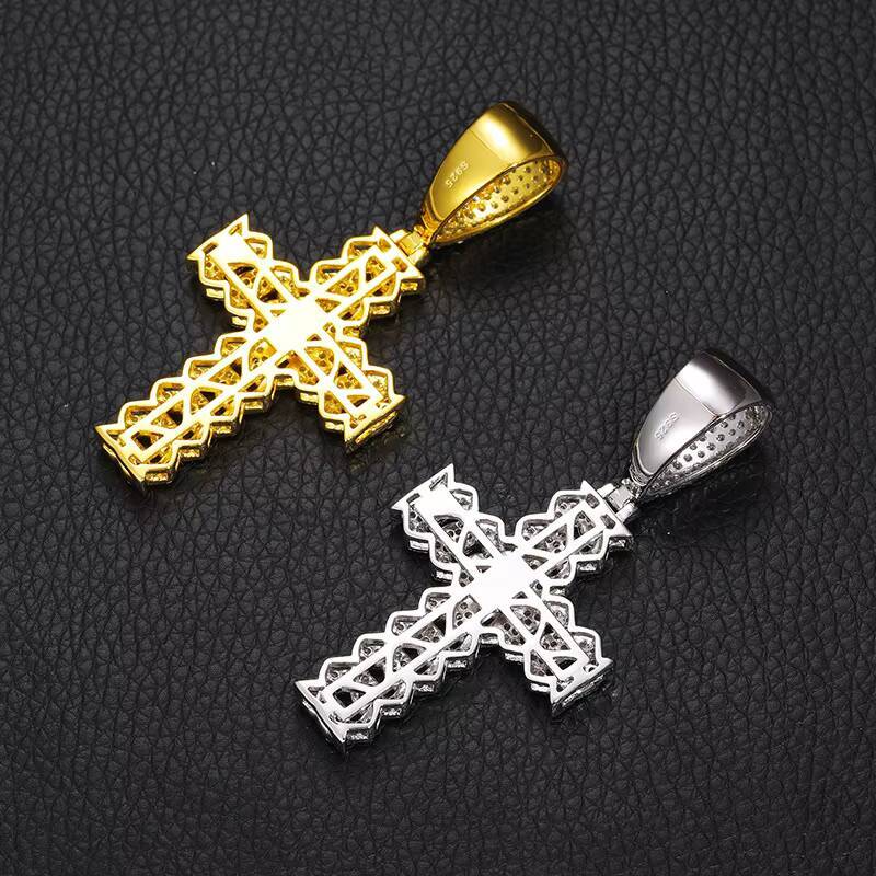 Hip Hop VVS D Moissanite 2 Rows Cuban Cross Pendant Necklace Iced Out Gold Plated 925 Sterling Silver Cross Pendant