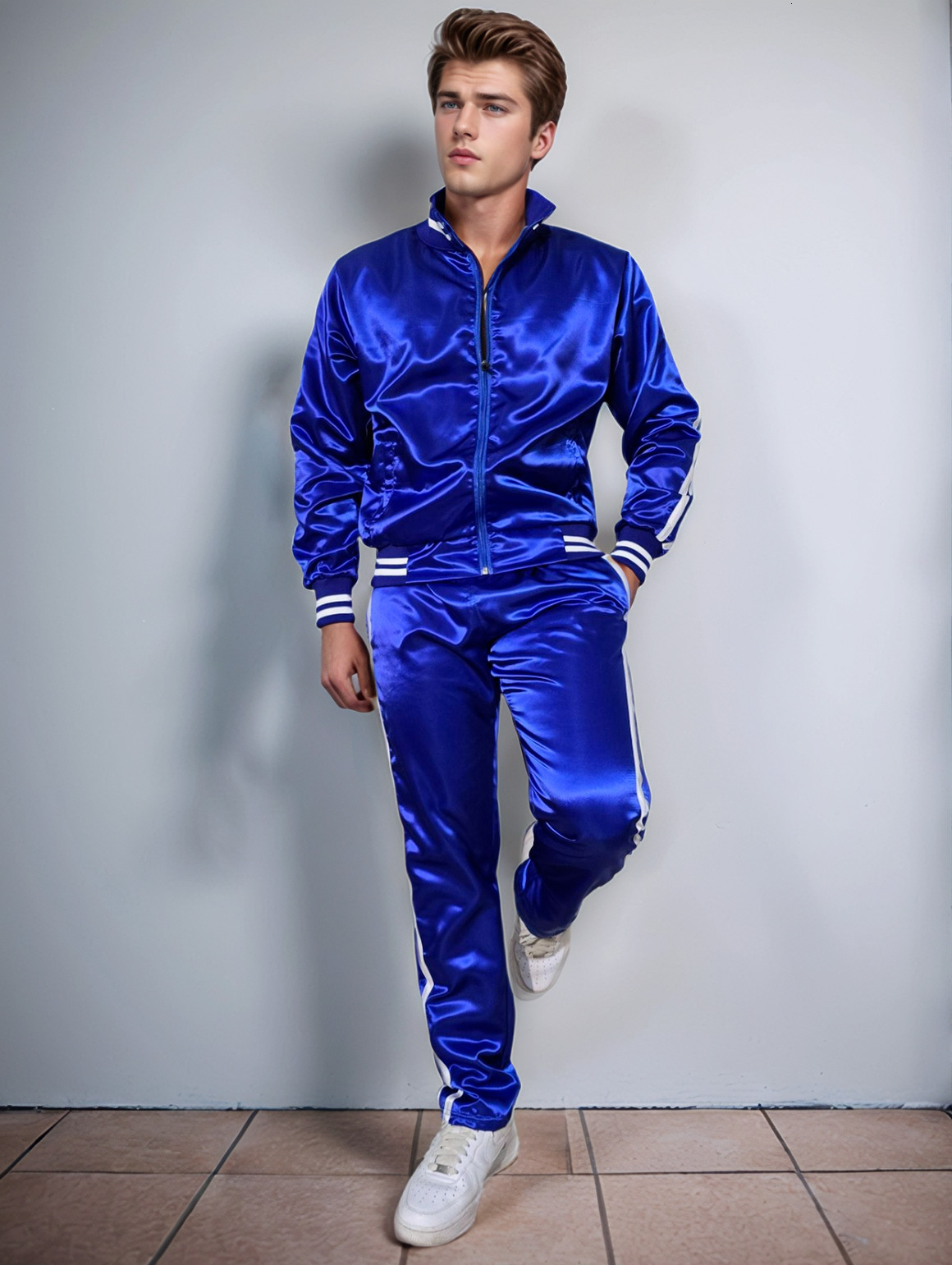 Blue Shiny Royal Satin Tracksuit with White tripes for men and women