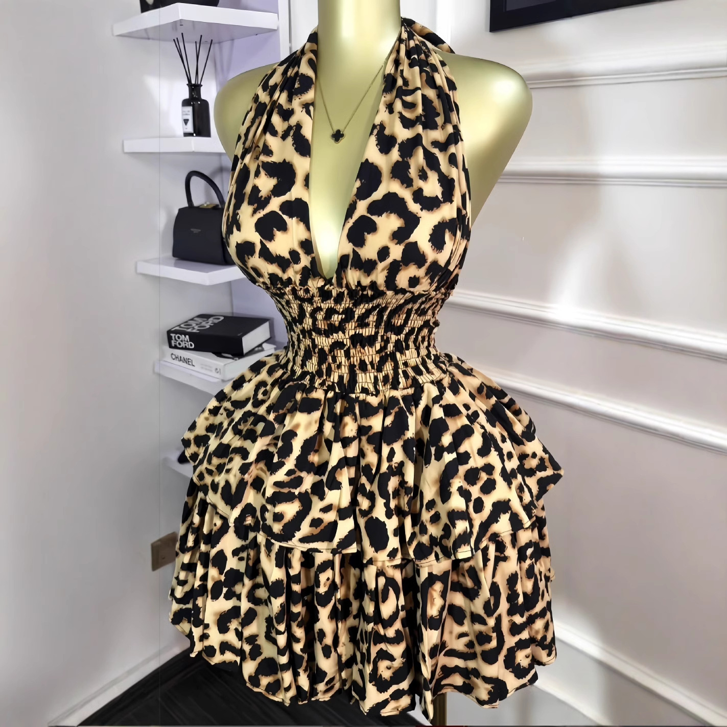 L42Chic Early Summer Puff Sleeveless Halter Dress - Leopard Print with Pleated Belted Midi Length