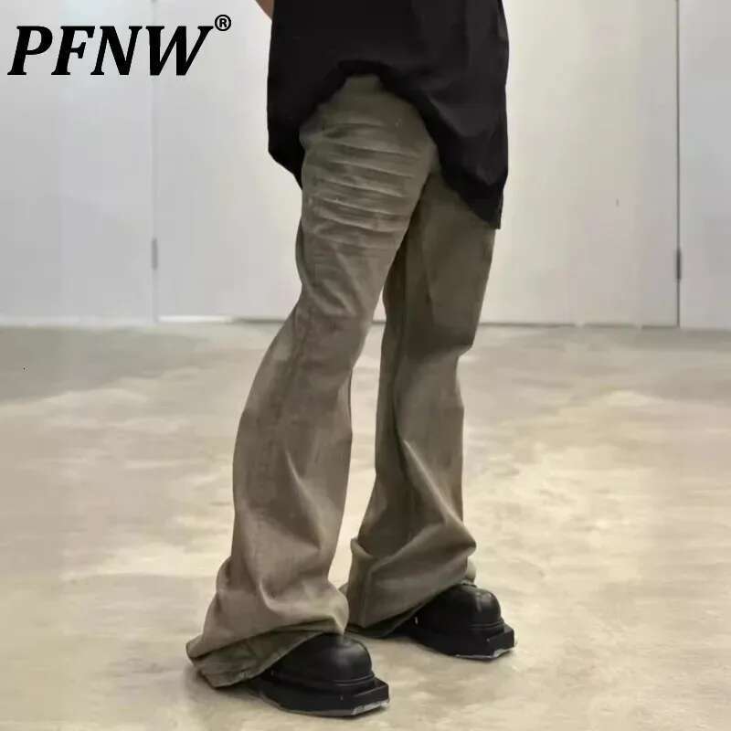 Wrinkled Design Vintage Male Jeans High Street Full Length Washed Wide Leg Pants Trendy Boot Cut Men's Trousers New 28W4545