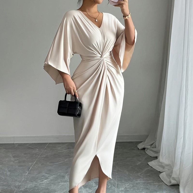 Urban Sexy Dresses Women's Beige Satin Bodycon Midi Dress - V-Neck Batwing Sleeve Twist Front Split Dress, Elegant Evening Party & Formal Occasio