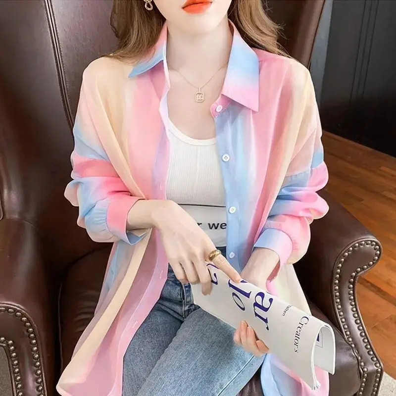 Turn-down Neck Long Sleeved Shirt And Blouses Gradient Rainbow Color See-through Thin Women Clothing Loose Top Shirt Casual 250415