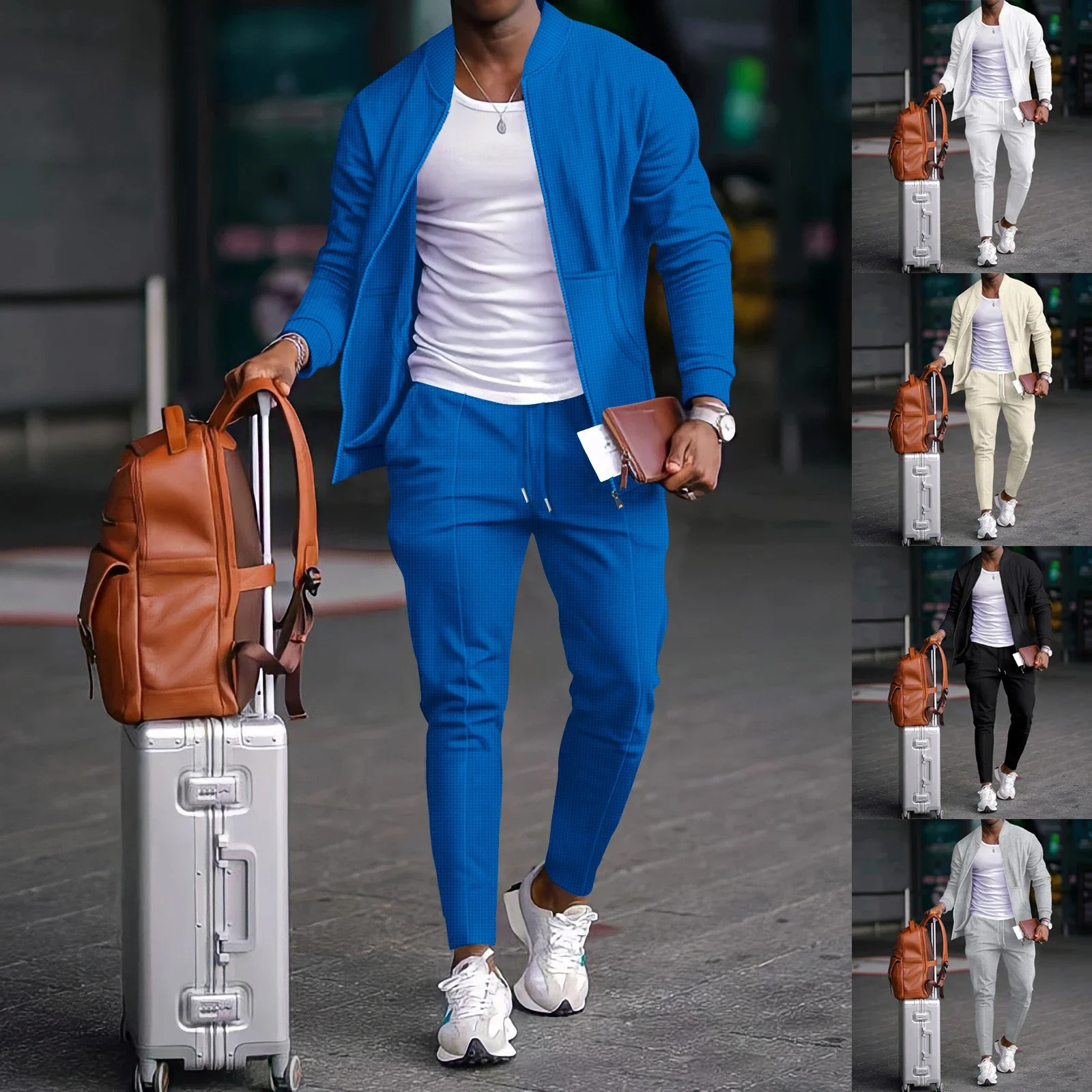 2025 Spring Mens Casual Jacket Set Fashion Waffle Baseball Round Neck Pocket Zipper Long Sleeve Two Piece 250414