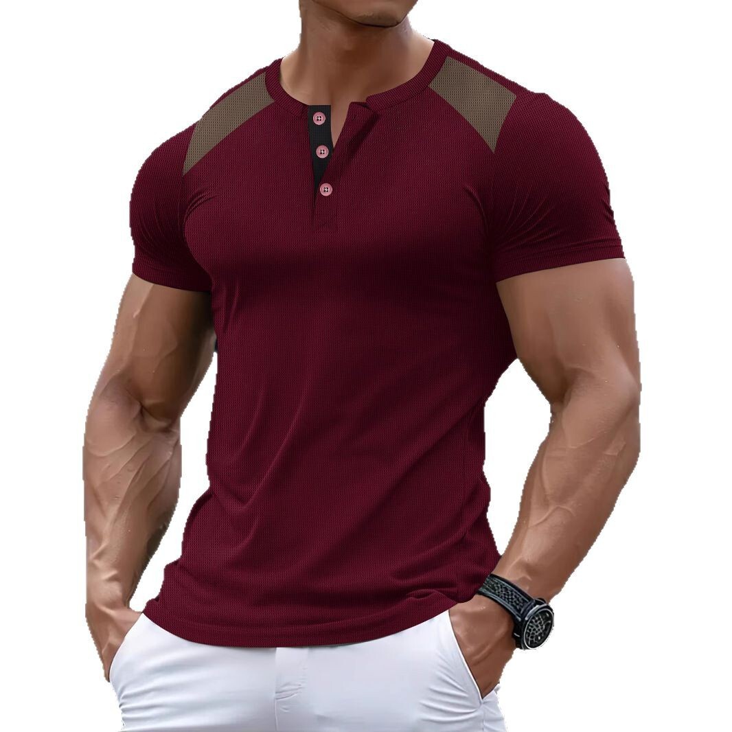 New fashionable mens Henry shirt casual breathable buckle V-neck color blocked short sleeved mens T-shirt top