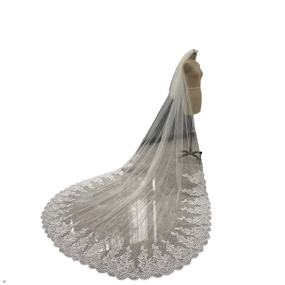 Graceful 3 Meters White Ivory Wedding Veils with Full Appliques Long Lace Edge Bridal Head Veil with Comb For Marriage Bride Women's Accessories 