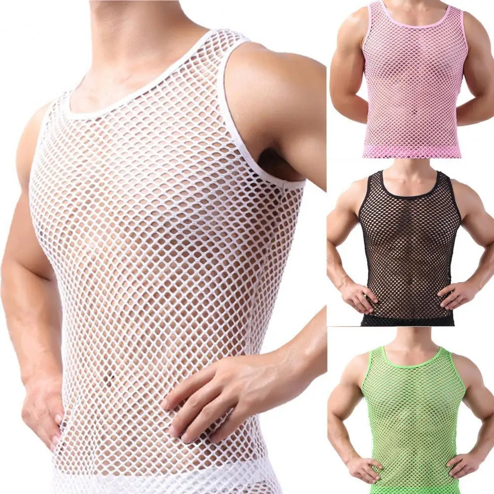 Fishnet Men Sexy Mesh Tank Tops Transparent Sleep Tops Male Underwear Pure Color Vest Sleeveless Tops Underwear Male Undershirt 250415